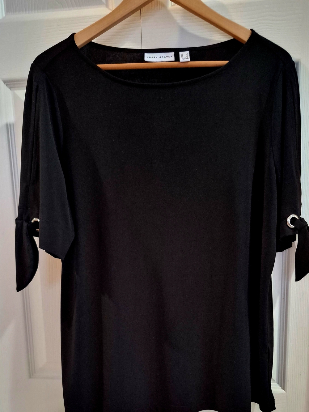 Susan Graver Black Short-Sleeve Knit Top with Grommet Tie Sleeves